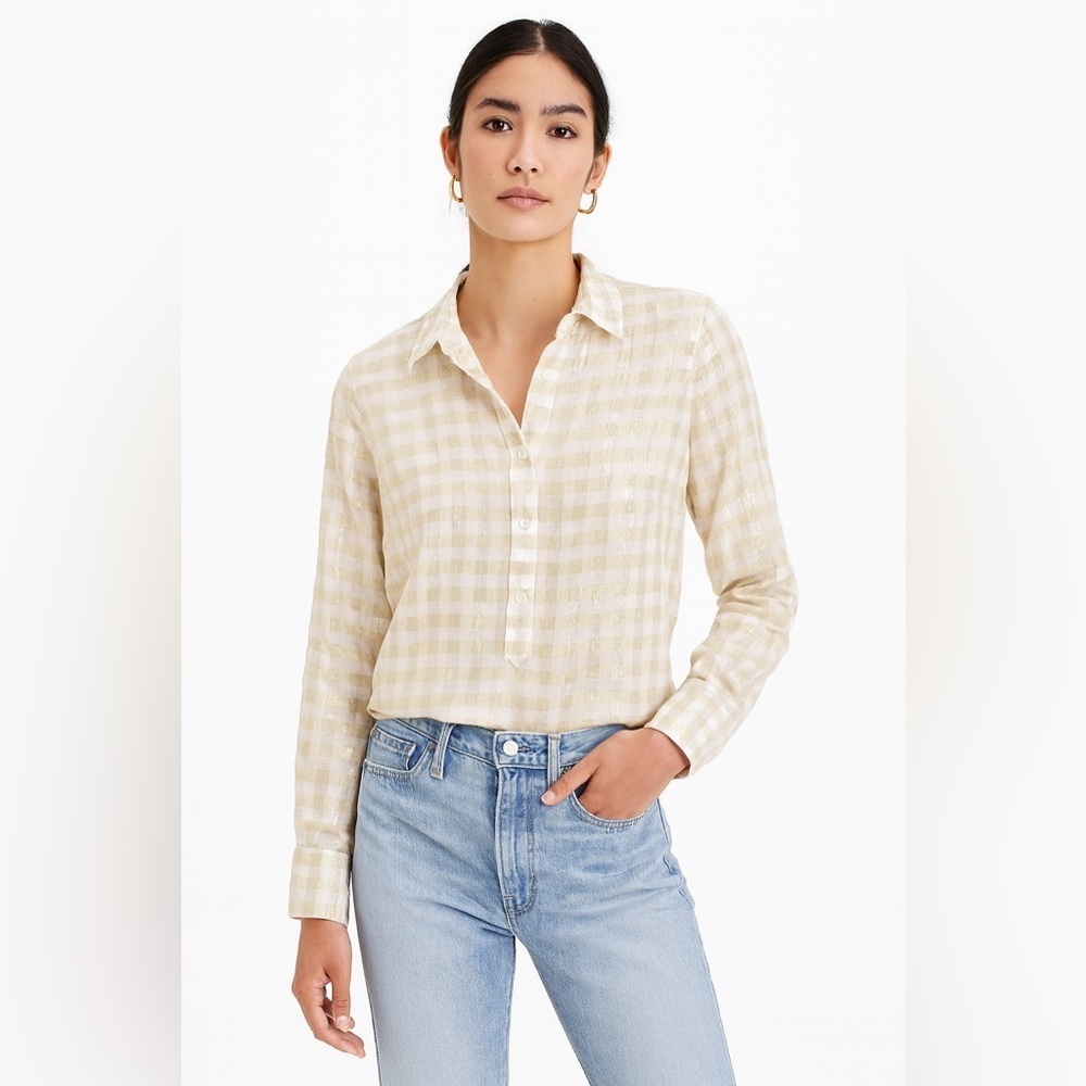 J.Crew Metallic Gingham Blouse Size 6 Gold Shimmer Cotton Button Front Shirt